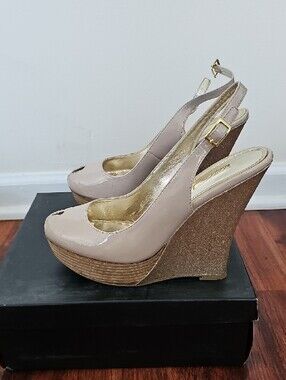 Piper Nude Patent Leather Peep-Toe Slingback Wedges with Glitter Heel